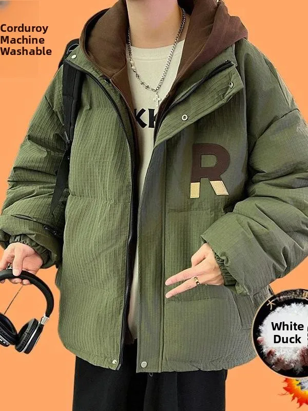 

Мужская молодежная зимняя куртка из утолщенного белого утиного пуха, ветрозащитная, укороченная, для спорта и повседневной носки, в молодежном стиле