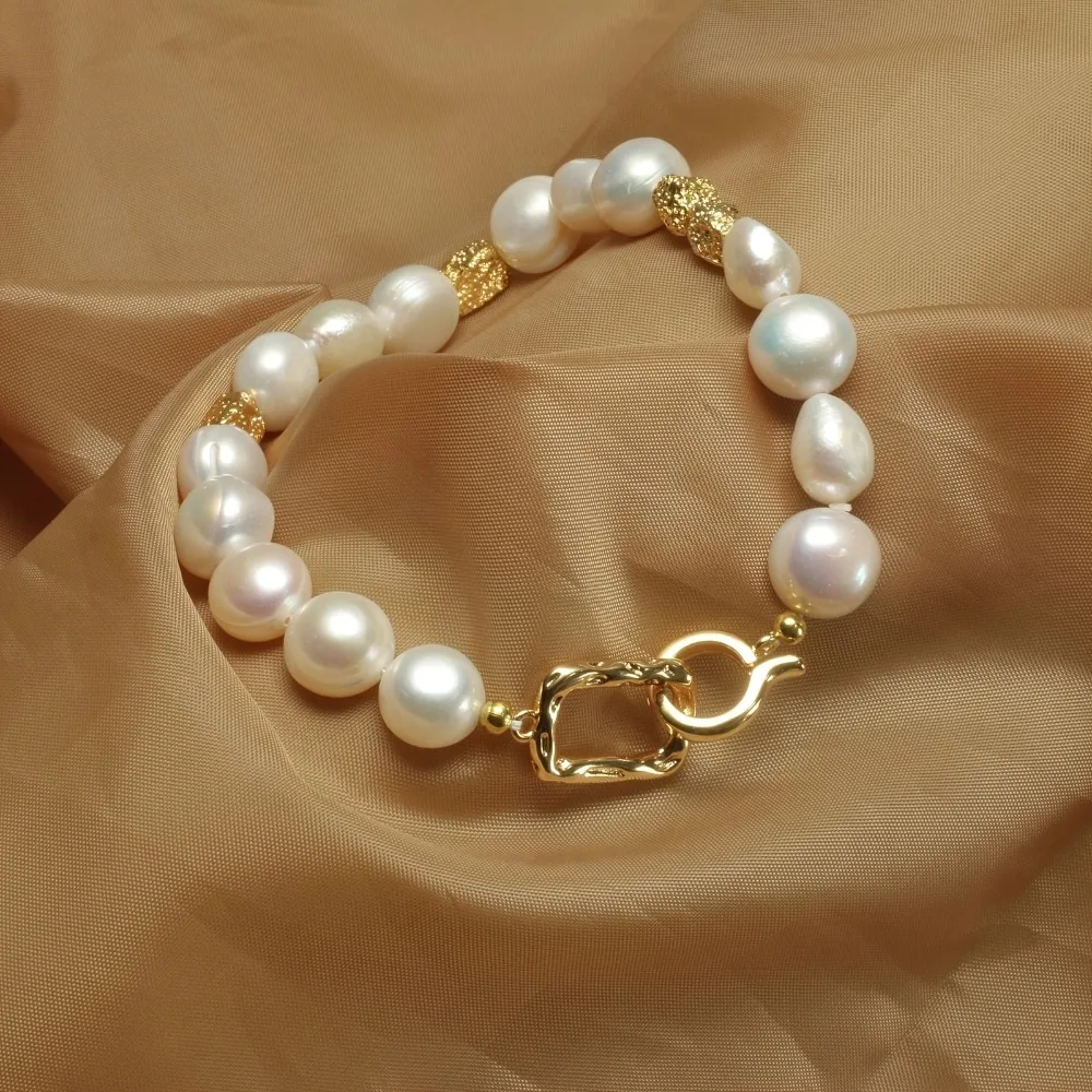 14k Gold Plated 8-9mm Baroque Natural Freshwater Pearl Bracelets Women\'s Hand Bracelet Christmas New Year Jewelry Gift Wholesale