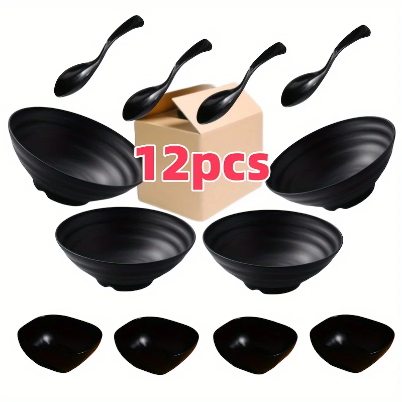 12 Set - Including 4 Bowl、4 One Spoons and 4 One Dip Plate，Indestructible Ramen Bowl，Washable Tableware