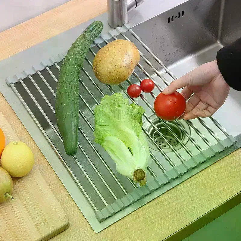 Foldable Stainless Steel Sink Drying Rack Kitchen Multifunctional Dish Drainer For Vegetable Fruit Storage Rollable