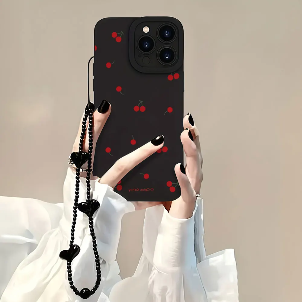 With Strap Korean Cherry Phone Cases For Samsung Galaxy S26 S25 Ultra S24 S23 S21 Plus A26 A55 A35 A36 A56 Anti-fall TPU Cover