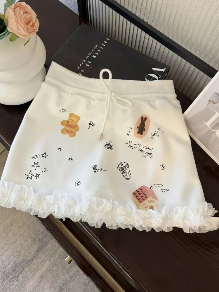 

Korean Sle Summer New Sweet And Spicy fiti Print Lace Trim Splice Slimming ort Design f Skirt Commute High Waist A...