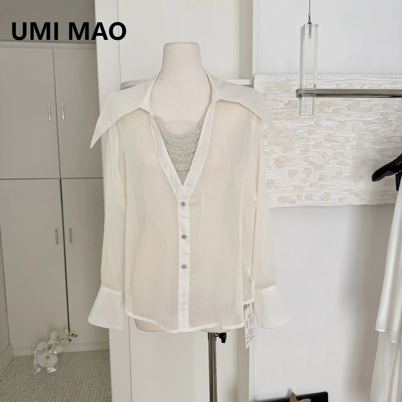 

UMI MAO Tassel Sheer Designer Shirt Women Summer New Turn-down Collar Top Spring Thin New French Style Top Femme