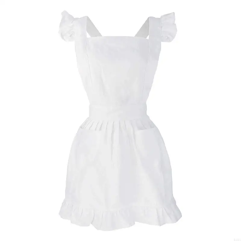 R1WA Womens Girls Outline Retro White Apron with Pockets Adjustable Victorian Bib Maid Cosplay Kitchen Baking Costume