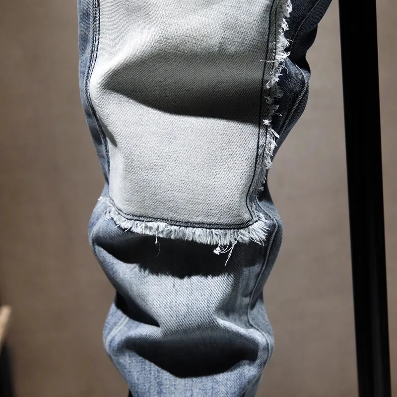 Pantalones vaqueros de diseñador callejero a la moda para hombre, pantalones vaqueros rasgados con parches ajustados elásticos de Retro Azul, pantalones vaqueros Vintage de Hip Hop con múltiples bolsillos para hombre