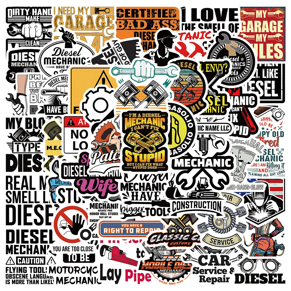 

50pcs Cool Cartoon Diesel Mechanic Stickers For Luggage Laptop Phone Decor Waterproof Graffiti Motorcycle Car Decals