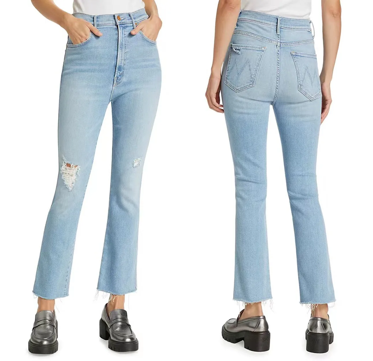 

Women Rough Selvage Denim Pants High Waisted Fashion Slightly Flared Destroyed Hole Light Blue Jeans