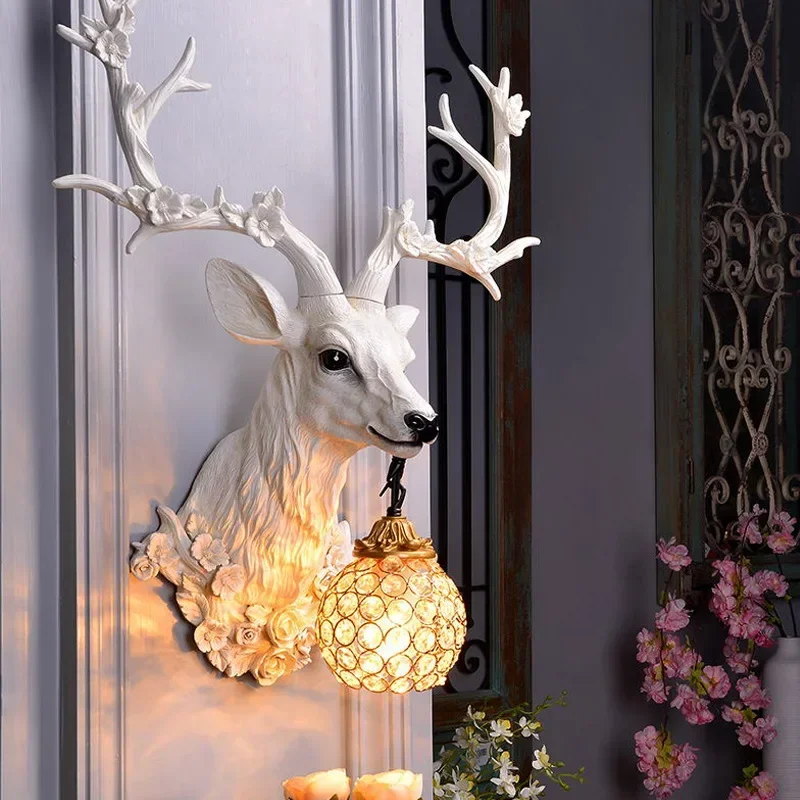 Resin Deer Lamp Animal Vintage Luxury Shade LED Wall Lamp Modern Decor Kitchen Wall Light Bedroom Indoor Lighting Wall Sconce