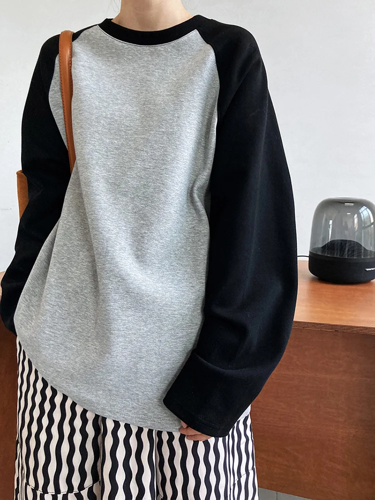 Women White Color-block Big Size Casual T-shirt New Round Neck Long Sleeve Fashion Tide Spring Autumn 2023  M559