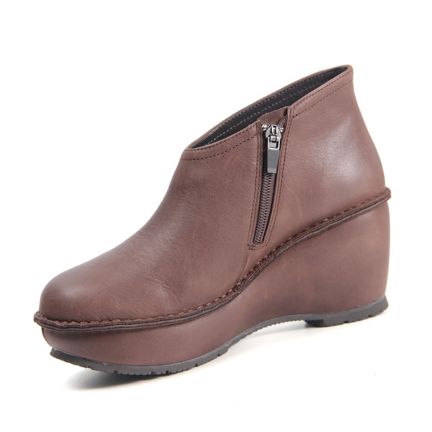 Keerygo Women Comfort Wedge High Heel Ankle Boots, Handmade Genuine Leather Zip Closure Wide Fit Boots for Wide Feet
