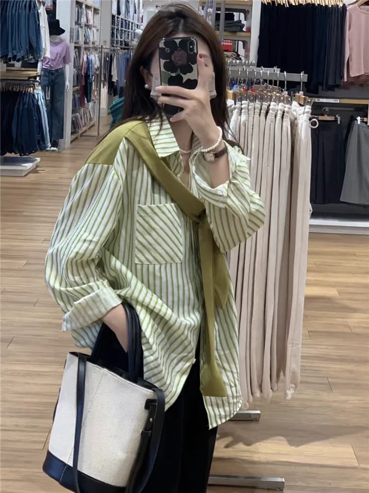 

Korean Trend 2025 New Spring Shirts & Blouses 2 Pieces Women's Shirt Casual Matching Lady's Shirt Stripe Long Sleeve Top