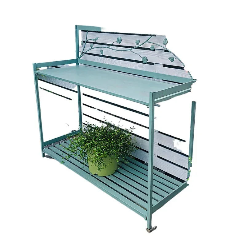 Outdoor gardening console, multi-story, wrought iron garden rack, tool work, display stand, long table against wall