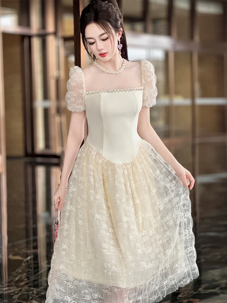 Robes de princesse féerique française pour femmes, douces et exquises, maille transparente, dentelle, perles, diamant, boule pivotante, Robe de fête d'anniversaire, de bal