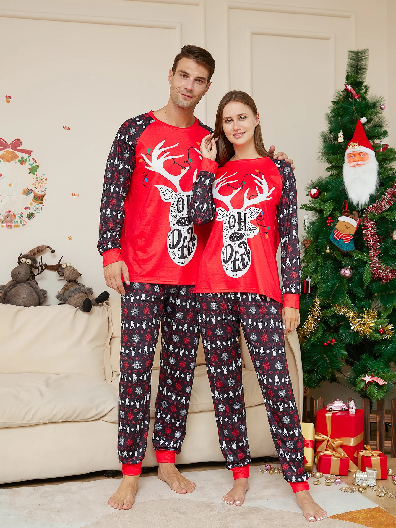 

Рождественский пижамный комплект для пар: красные топы с принтом «Oh My Deer» и оленей, брюки с рисунком снежинки