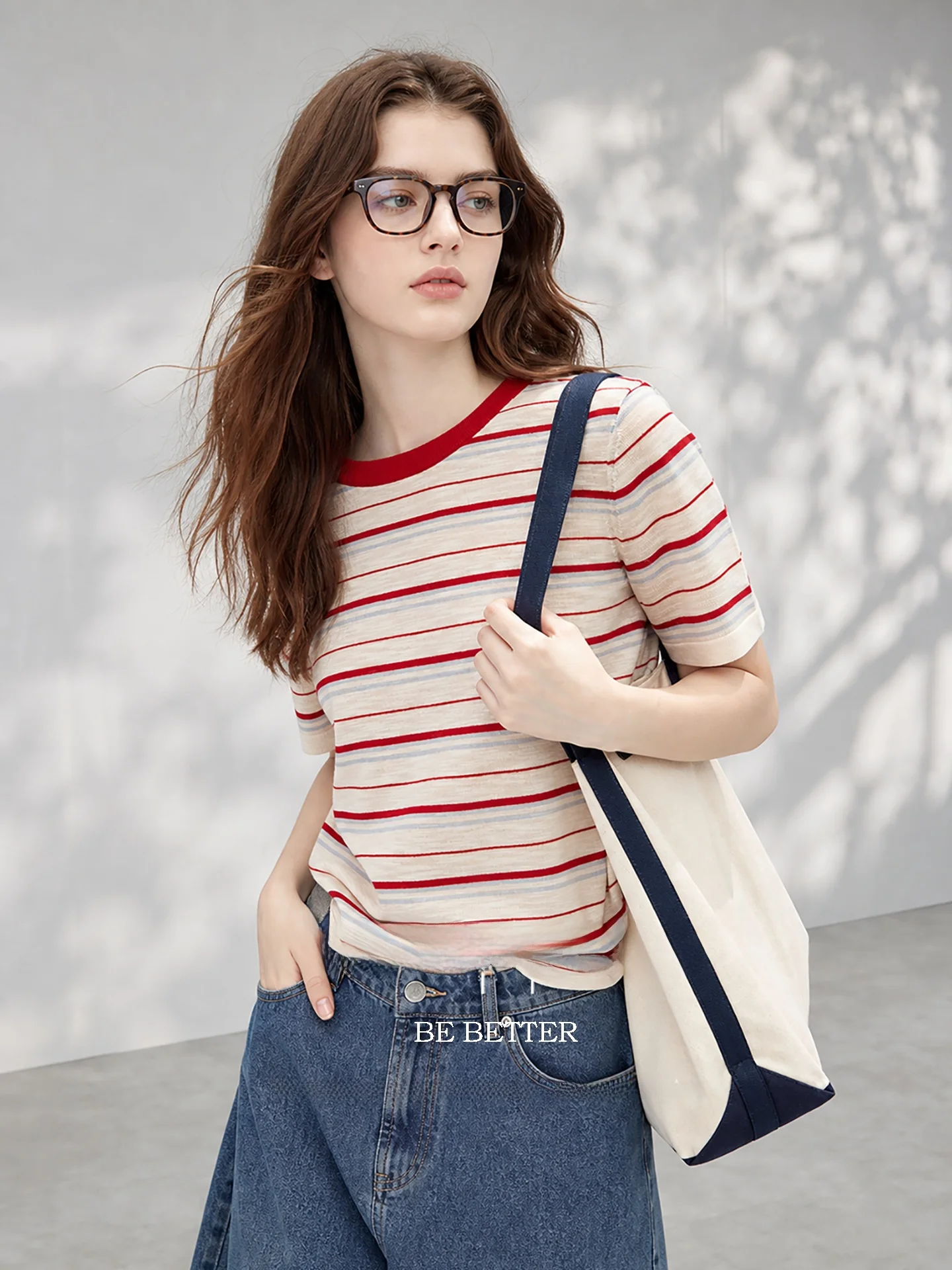

HUAAPPUW Women's Knitted Short Sleeve round Neck Thin Cool Feeling Summer New Arrival Stripe Pattern Casual Style Office Wear