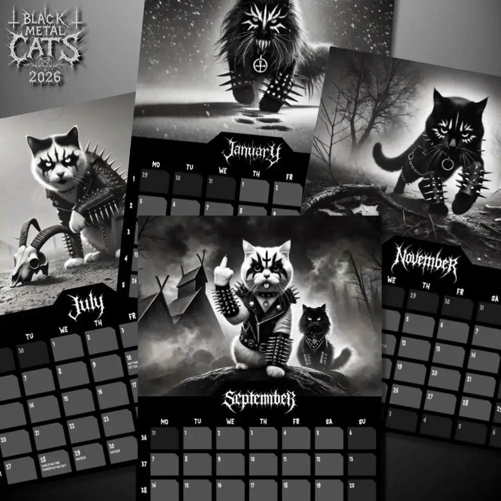 

New Year Black Metal Cats 2026 Wall Calendar Heavy Metal Cat Lovers Corpse Paint Kitties Calendar 2026