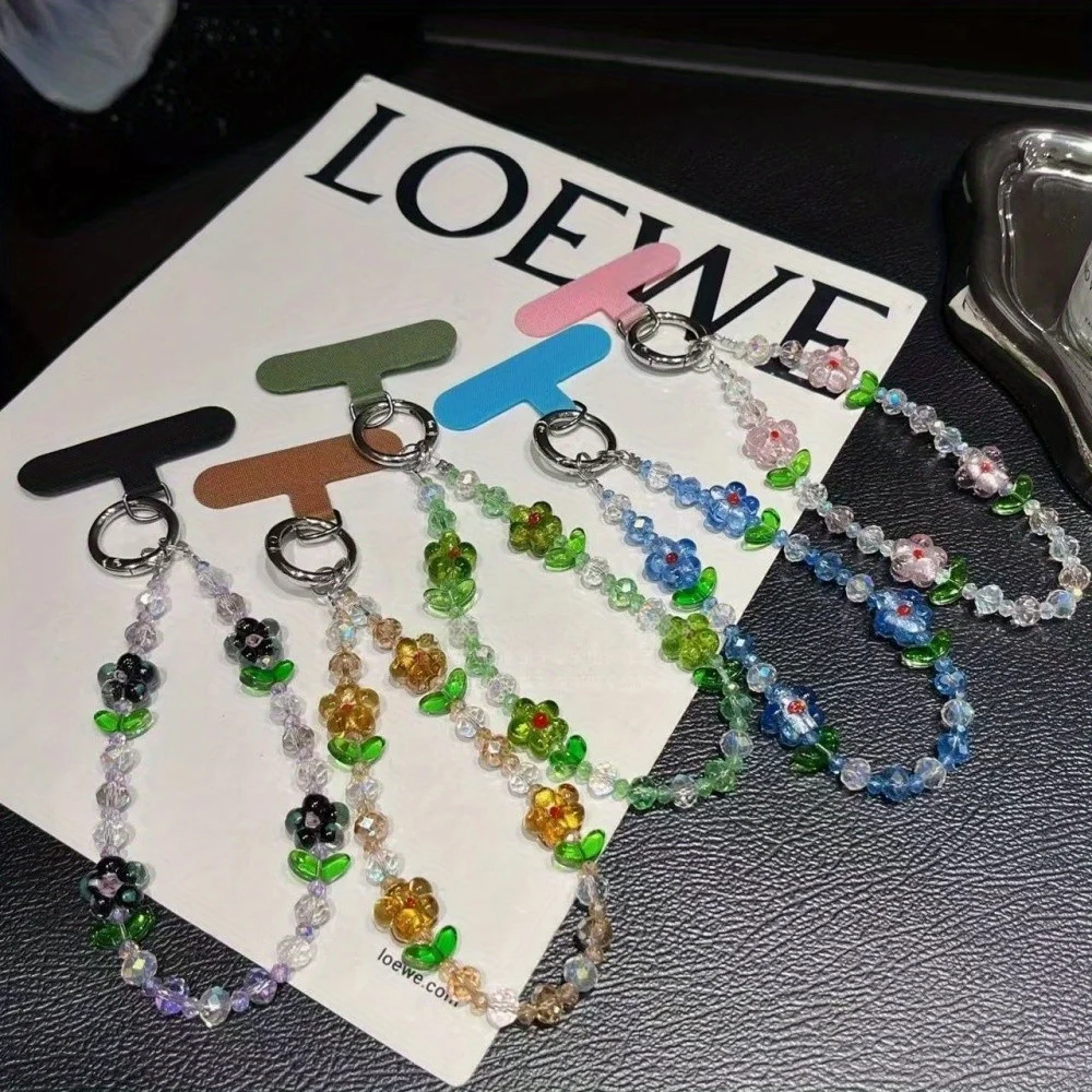 

[Sll] Summer Small Fresh Flower Mobile Phone Chain Ice Clear Crystal Beaded Wrist Chain Handmade Beaded Anti-Lost Rope