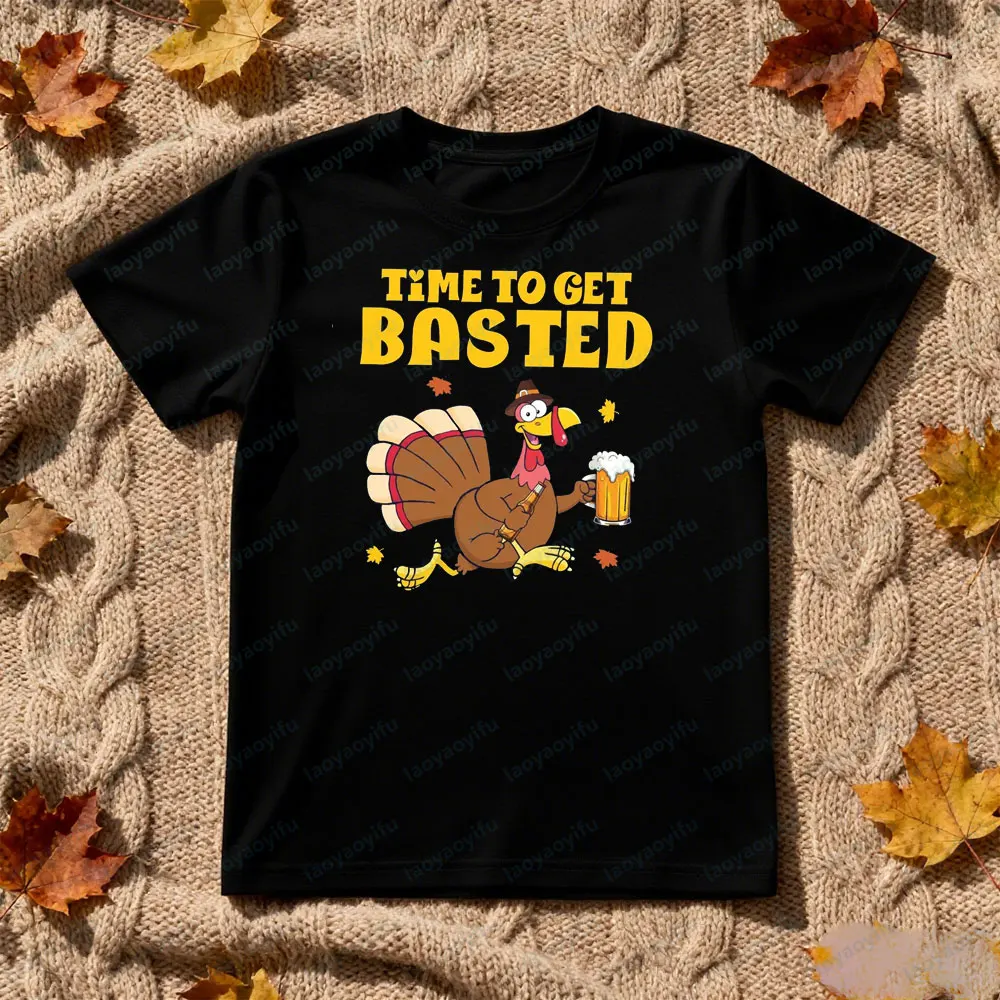 حان الوقت للحصول على قميص عيد الشكر تركيا البيرة المحملة مضحك الشكر رجل تي شيرت عيد الشكر عشاء حزب قصيرة الأكمام