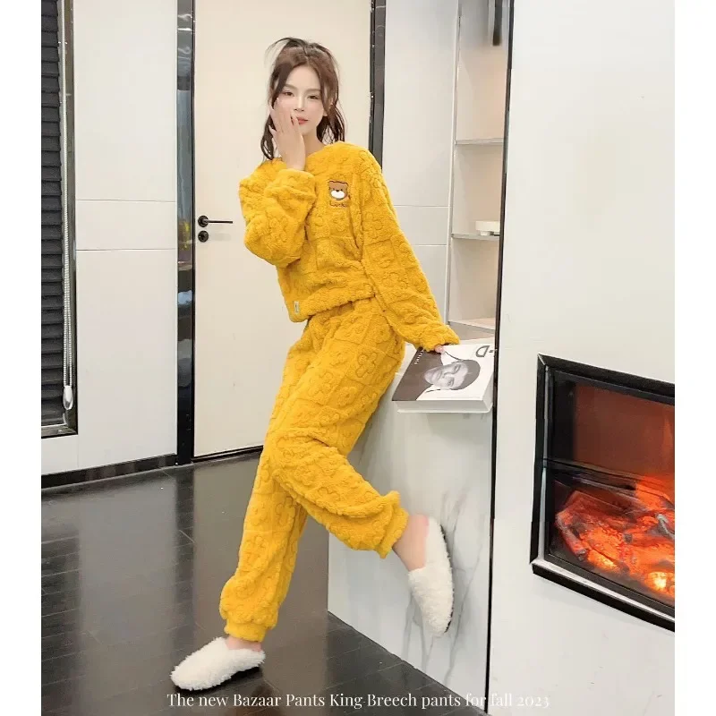 

Sleepwear Women Autumn Winter Sleepwear Warm Thicken Pajamas Set Flannel Long Sleeve Nightwear Trouser Coral Fleece Homewear