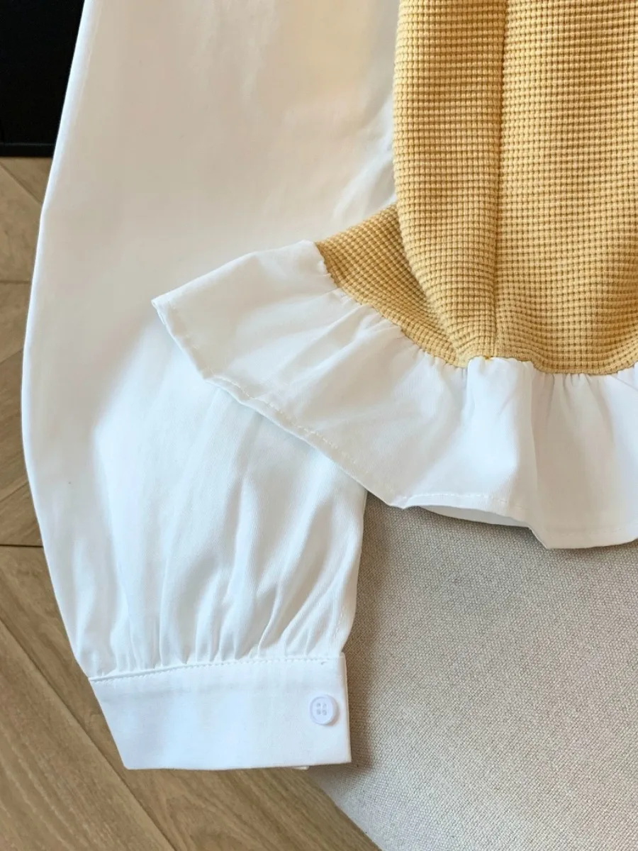 Long Sve irt ort Sle pour femmes, Design asymétrique, couleur, ourlet à volants, coupe coréenne, détail de boutons