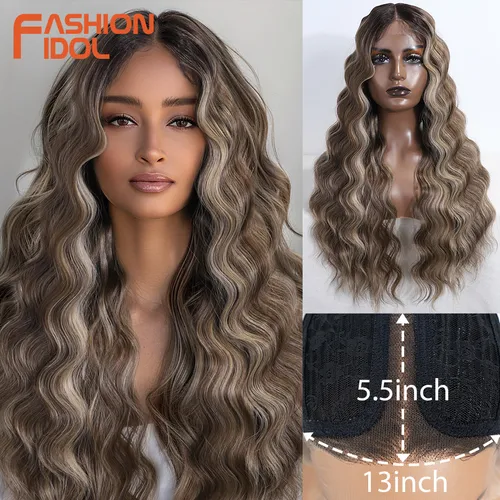 Imagen 1 del producto Peluca de Encaje con Ondas de Agua de 28 Pulgadas FASHION IDOL, Pelucas de Cosplay Sintéticas con Cabello de Bebé, Color Marrón Ombre, Pelucas de Encaje de Alta Calidad para Mujer