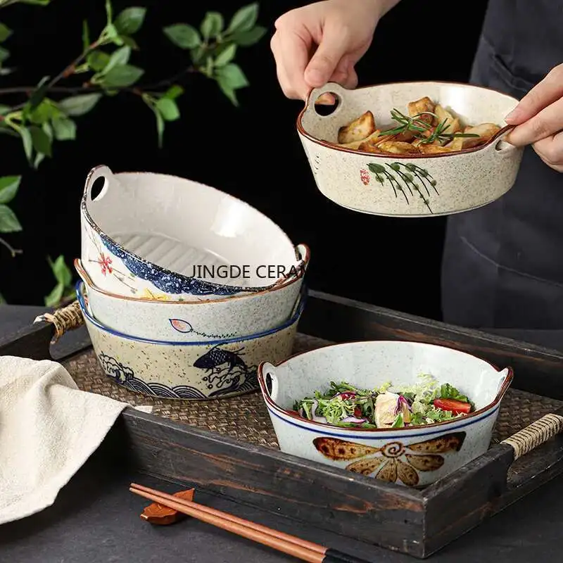 Ceramic Double Ear Salad Bowl Kitchen Utensils Baked Rice Bowl Chinese Style Instant Noodle Bowl Western Style Spaghetti Bowls