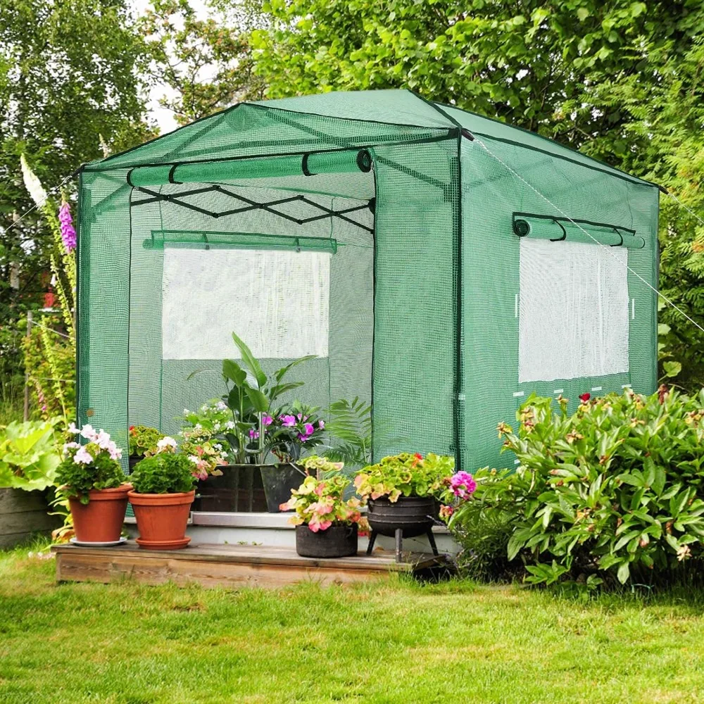 8'x12' Portable Greenhouse Pop-up Greenhouse Indoor Outdoor Plant Gardening Canopy, 2 Roll-Up Zipper Doors and 4 Side Windows