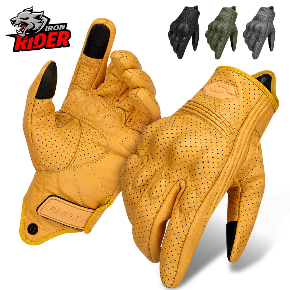 Vintage Motorcycle Gloves Perforated Leather Mesh Lining Comfort Fit For Men Women Retro Classic Biker Style Anti-Slip Grip