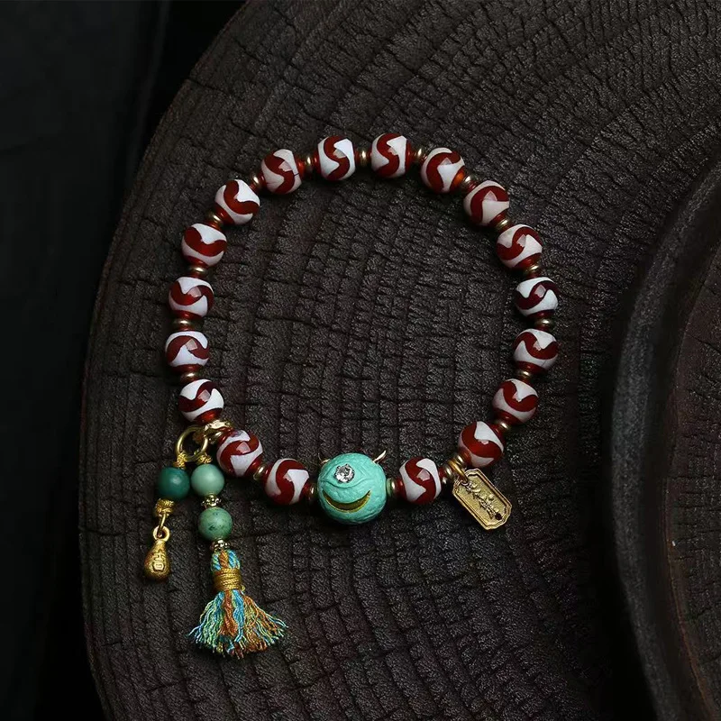 Natural agate tiger tooth dZi bead bracelet, single-circle white crystal, obsidian, turquoise, cultural plaything, bracelet