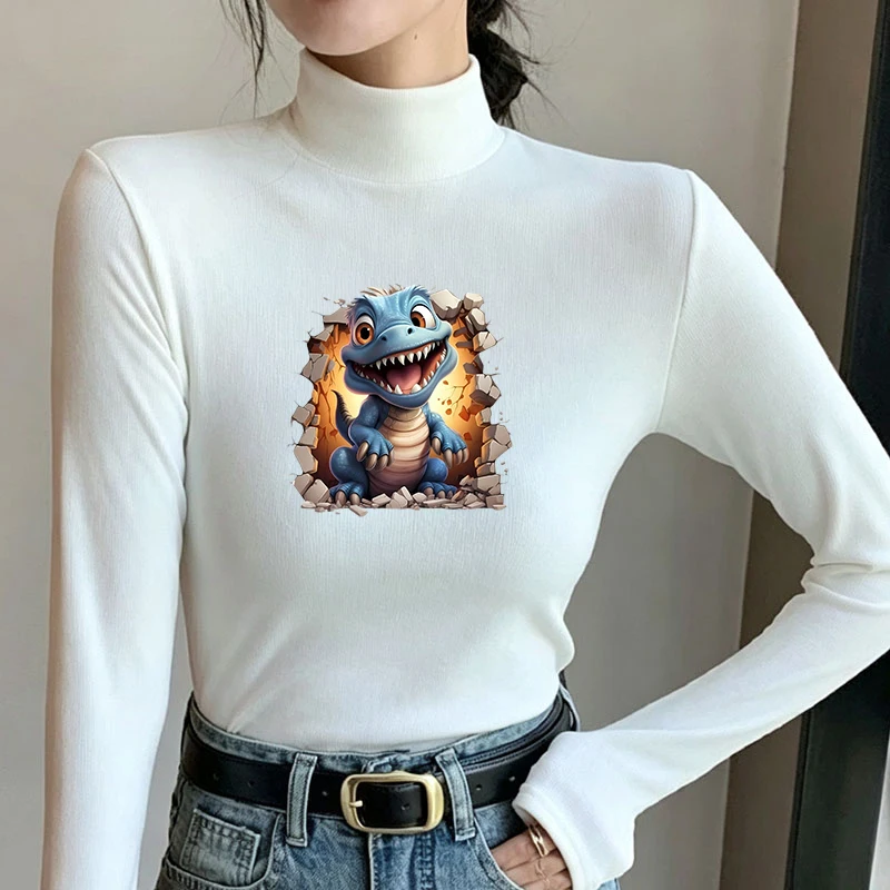Winter Women's Thermal Brushed Fleece Half Mock Neck Long Sleeve T Shirt Blue Dinosaur Breaking Wall Graphic Warm Tee