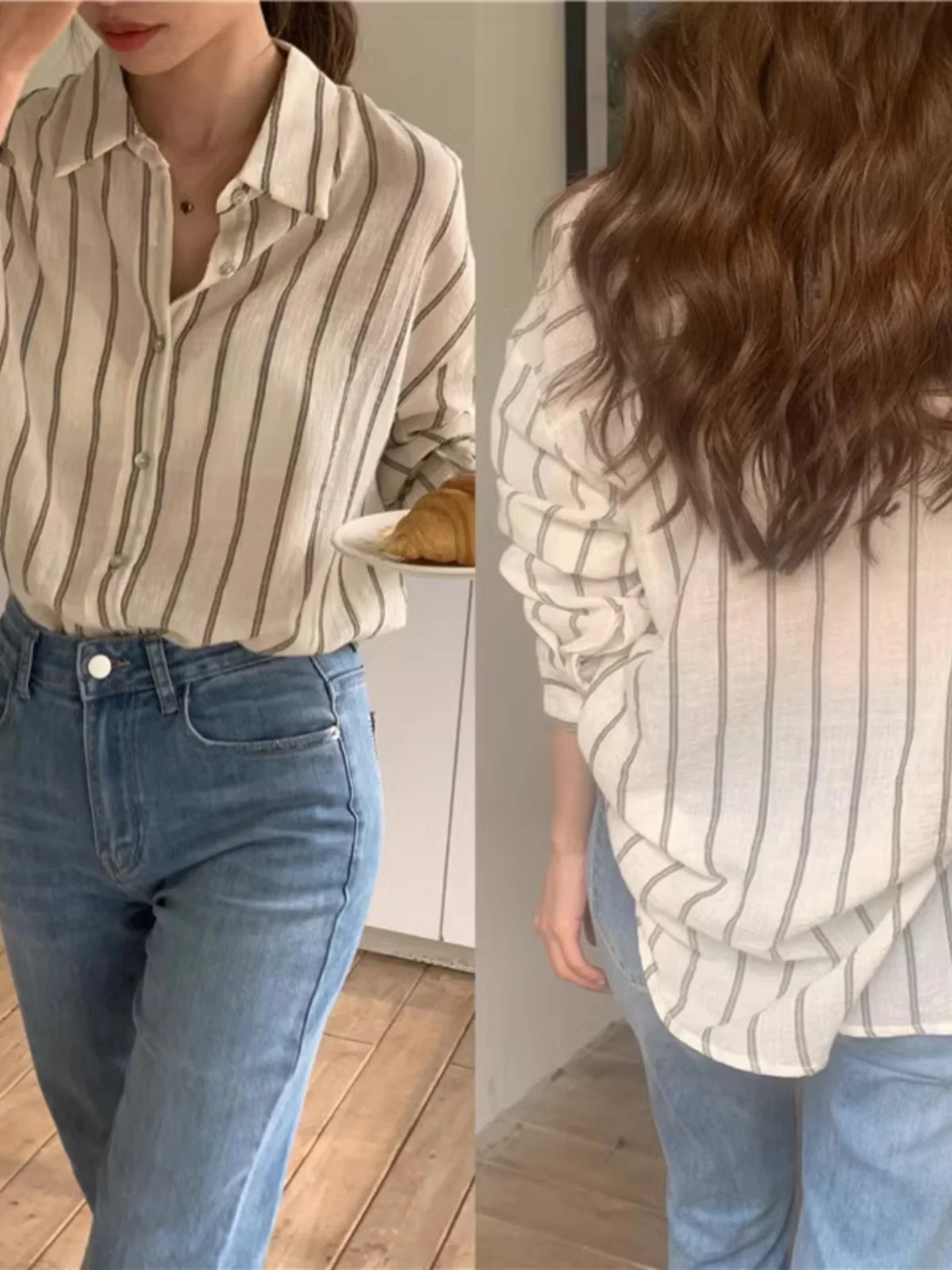 Frühling Sommer Streifen irt Frauen Lange Sve Dünne Sonnenschutz Kragen Basis Top Koreanische Sle Lose Fit Taste Detail