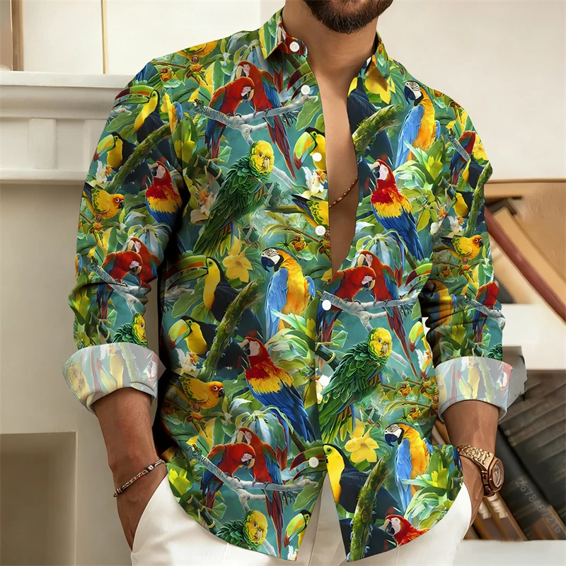New Men's Tropical Plant Print Long-Sleeved Shirt, Featuring a Unique Flamingo and Parrot Pattern, a Stylish and Casual Top.