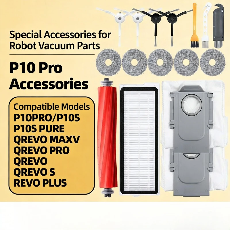 

Аксессуары и расходные материалы для робота-пылесоса Roborock P10 Pro: основная щетка, боковая щетка, HEPA-фильтр, мешок для пыли (совместимо с QRevo MaxV / Pro)