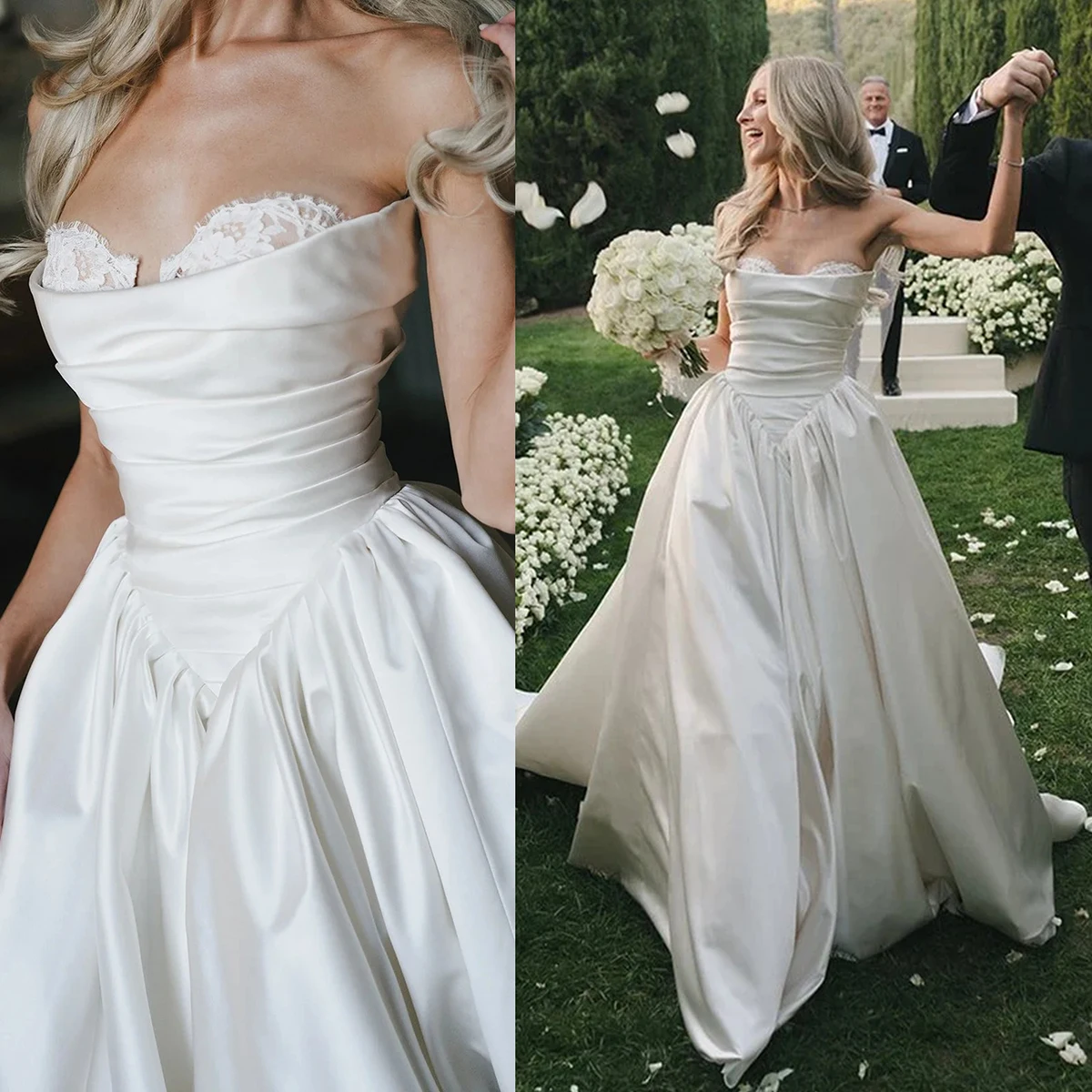 Strapless Puffy Basque V Waist Bridal Ball Gowns Sweetheart Lace Ruched Bodice Strapless Ivory Satin Plus Size Wedding Dress