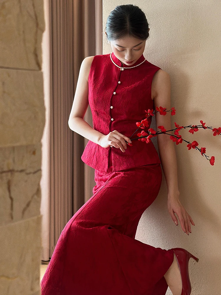 

Red New Chinese Sle Wedding Dr Set Engagement Ceremony Evening Gown Suit for Bride Simple Ele Zipper Bodycon Dr