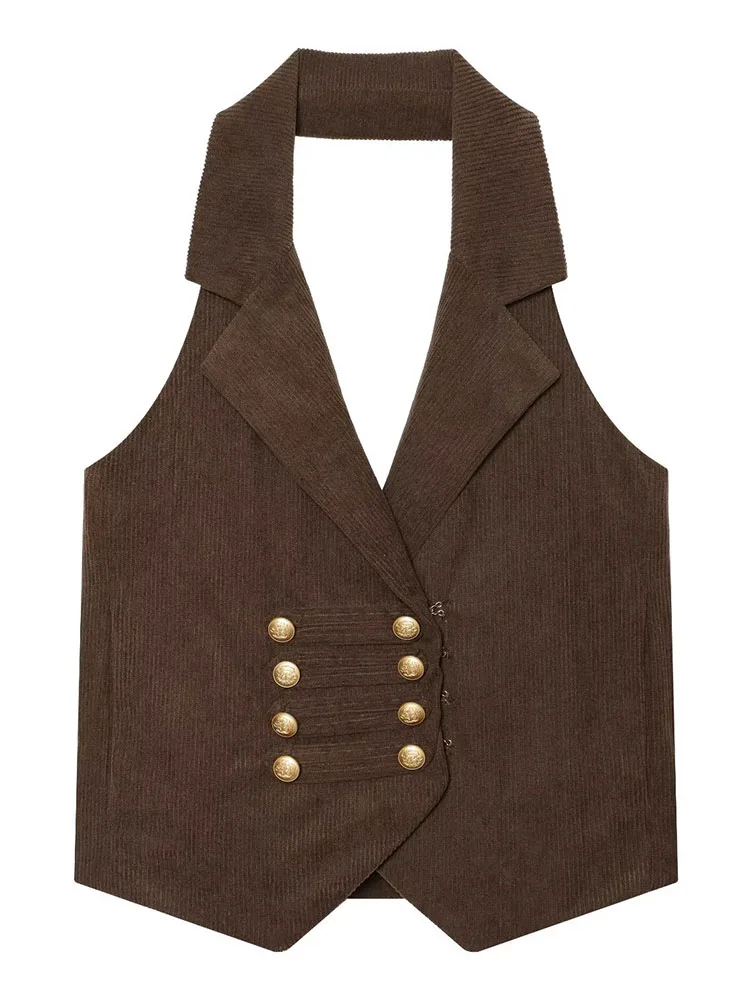 HH Women Retro Corduroy Vest Brown Sleeveless Suit Jacket with Gold Buttons Chic Office Streetwear Layering Waistcoat for Fall