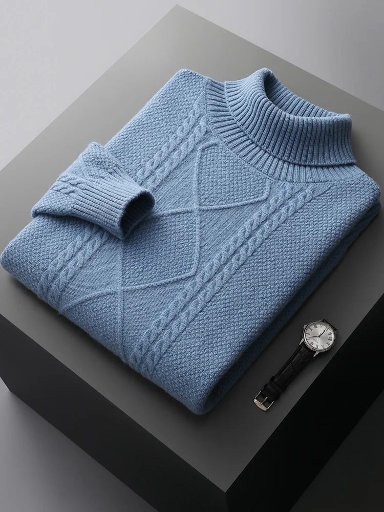 Men Turtleneck Cashmere Sweater Autumn Winter Thick Pullover 100% Merino Wool Knitwear Twist Flower Knitting Warm Casual Tops