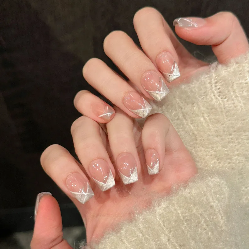 

10Pcs Pink Handmade Short Square Fake Nail Full Cover Cat Eye Shiny Design French Stripe Wearable Fashion Manicure Press on Nail