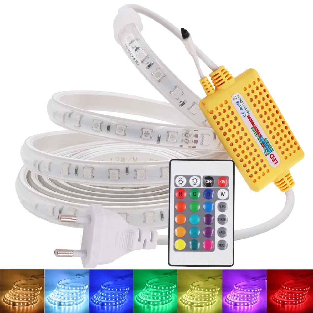 

High Bright RGB LED Strip Light with IR Remote Controller 220V 5050 60Leds RGB Flexible LED Tape Waterproof Outdoor LED Ribbon