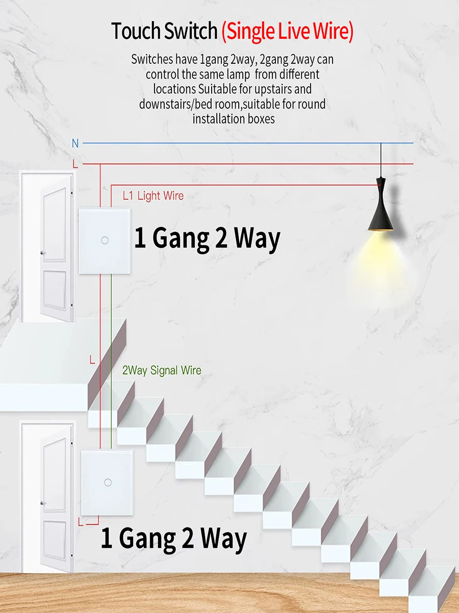 Franse standaard 86 * 86mm 1-gangs bidirectionele dubbele aanraakschakelaar gehard glazen paneel trappenhuis schakelaar slaapkamer sensor schakelaar