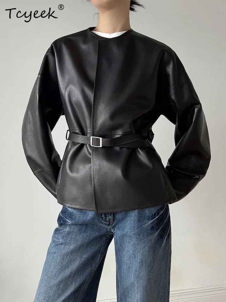 Tcyeek Echt Leren Jas Dames Lente Herfst Jassen Echte Schapenvacht Jas voor Vrouw Jassen Loose Fit Semi Plantaardig Looien