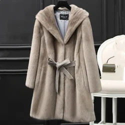 2024 New Real Natural Mink Whole Fur Women Long Coat With Hood  Winter Thick Slim Warm Female Mink Fur Hood Jacket