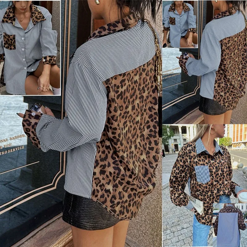 بلوزات الموضة الجديدة ليوبارد الربط فضفاضة عادية كم طويل بولو طوق قميص واحدة الصدر ركاب علوي فام الشارع الشهير