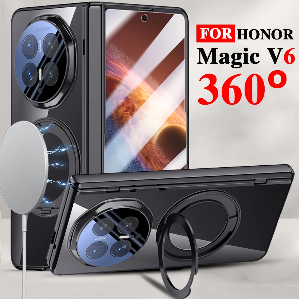 

Luxury Holder Clear Case For Huawei HONOR Magic V6 Magnetic Glass film Protection Anti-fingerprint Hard Plating Stand Back Cover