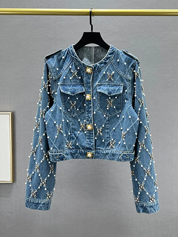 

Women's Denim Jacket O-neck Embroidered Flares Diamond Pearls Buttons Plaid Elegant Coat 2024 Autumn New Fashion