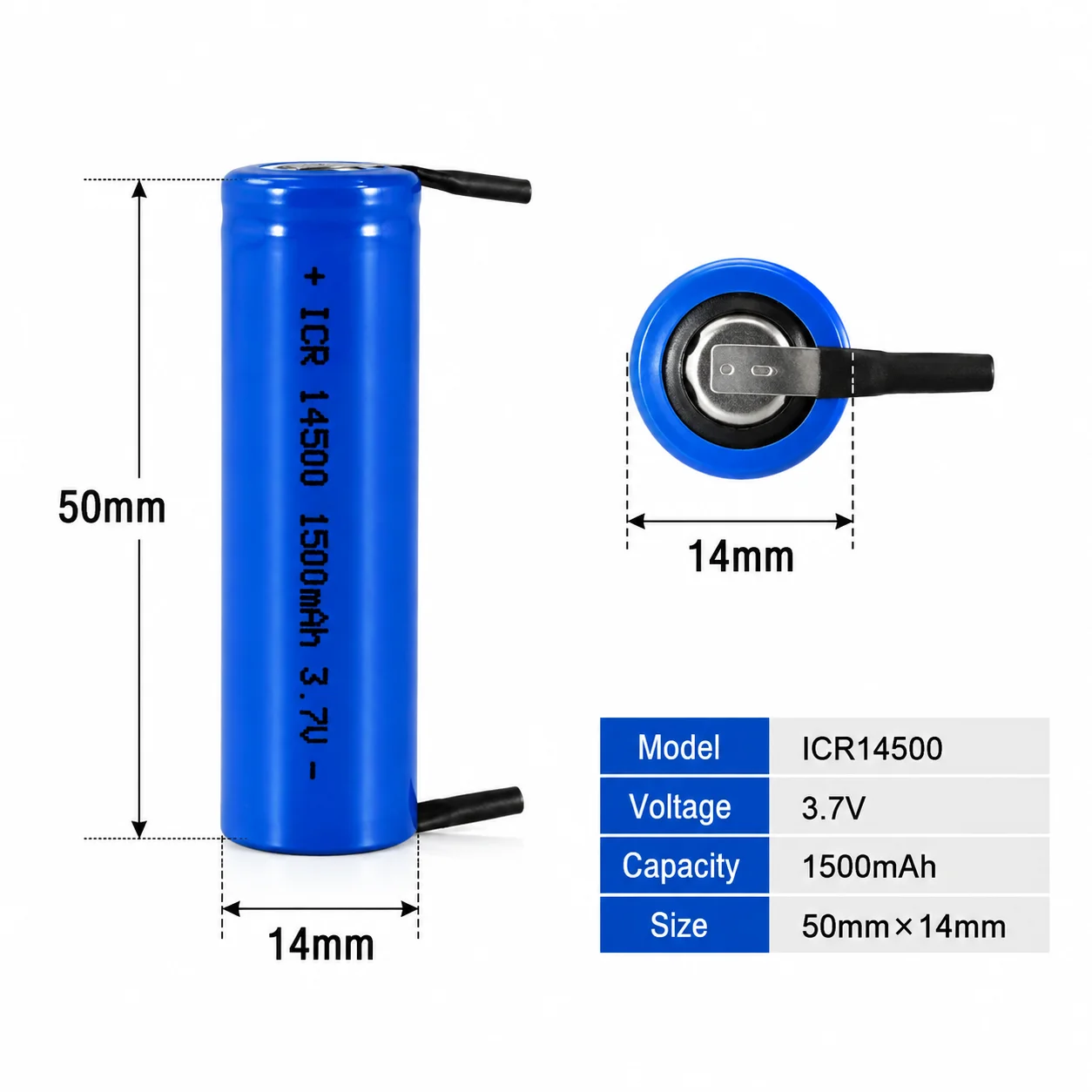 1-20PCS 14500 3.7V 1500mAh Li-ion Rechargeable Battery ICR14500 Cell with Nickel Tabs for DIY Electronics Flashlight