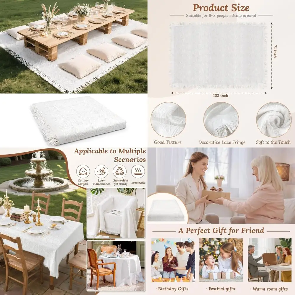 

Большое хлопковое одеяло для пикника 98 x 91 см с бахромой, идеально подходит для улицы, кемпинга, газона, свадеб и домашнего декора, машинная стирка