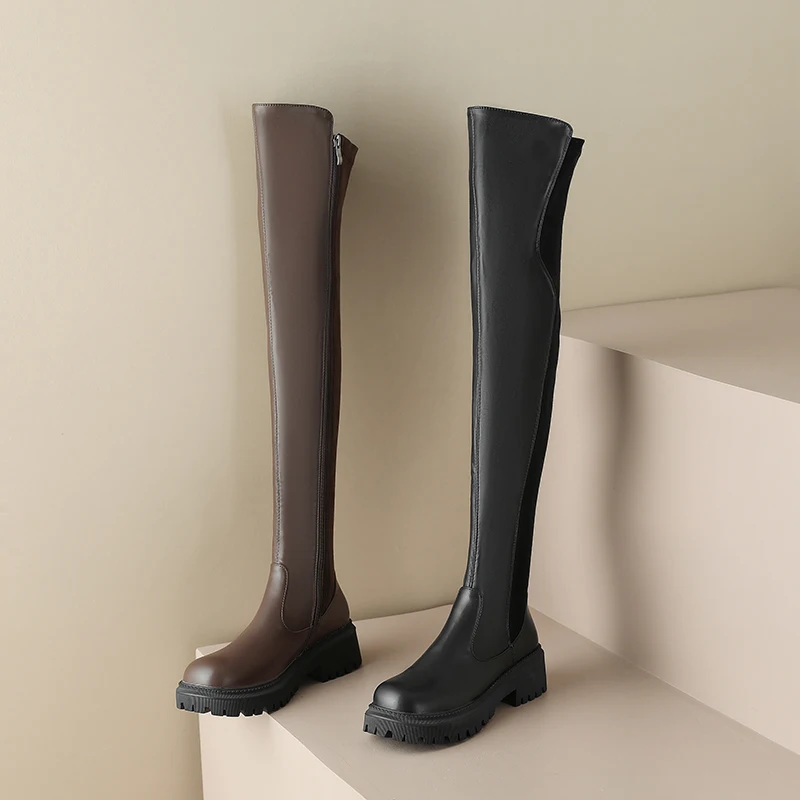 MoonMeek 2023 New Size 33-43 Ladies Zipper Winter Boots Woman Synthetic Over The Knee Boots Square Med Heels Shoes