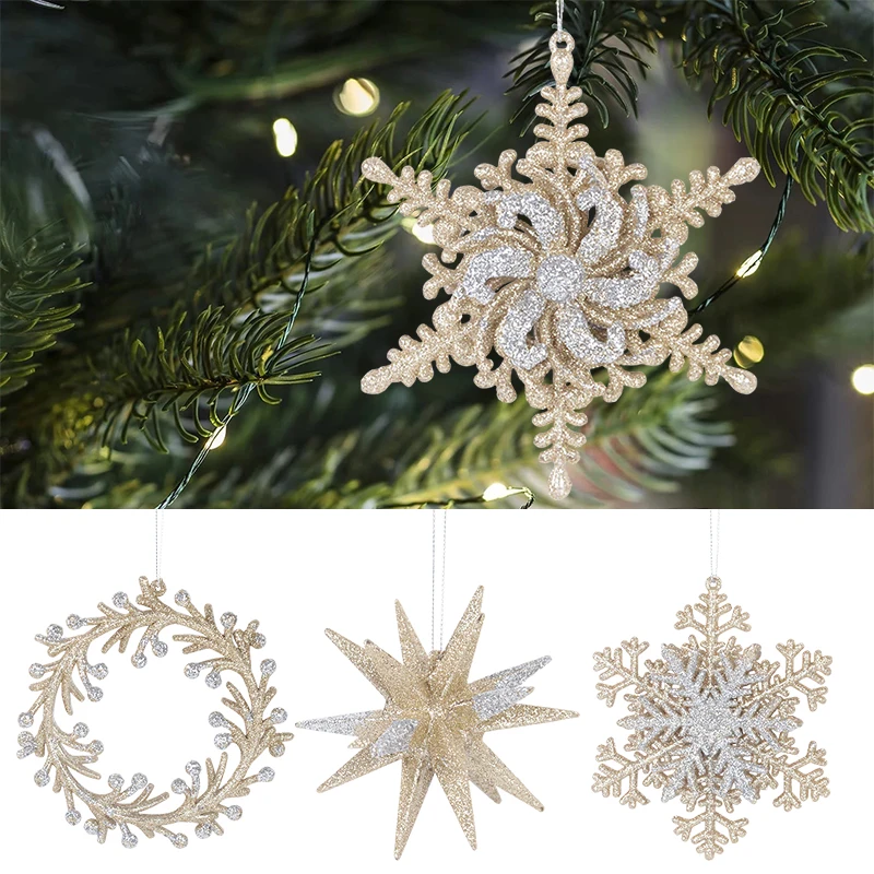 Glitter Christmas Ice 3D Snowflake Xmas Tree Hanging Ornaments Star Wreath Pendants For Home Noel Christmas Decoration New Year