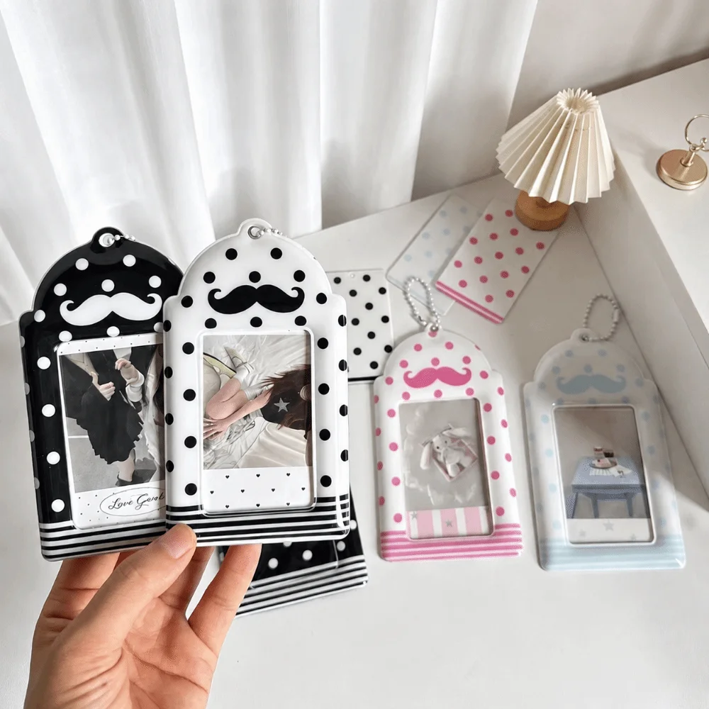 Polka Dot Beard Print 3 Inch Photocard Holder with Bead Chain Keychain Photo Card Sleeve Portable ID Card Badge Cover
